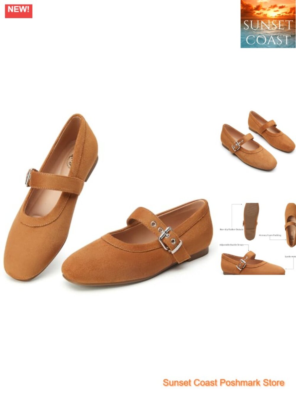 Mary Jane Flats Women Suede Closed Toe Buckle Comfortable Memory Foam Dressy